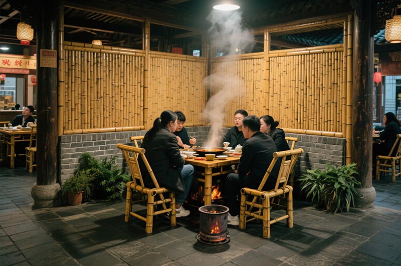 采用竹、木、青磚等傳統(tǒng)材質(zhì)的火鍋店裝修效果圖