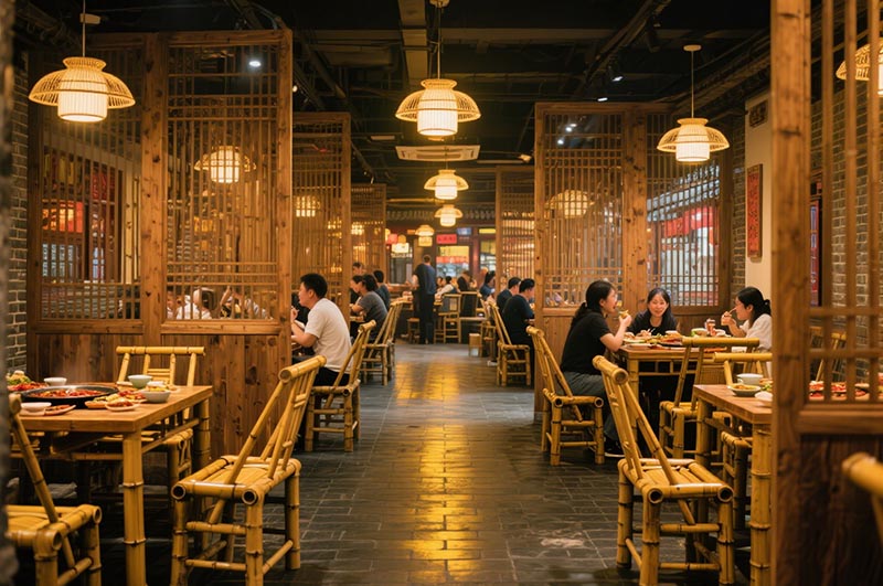 采用竹、木、青磚等傳統(tǒng)材質(zhì)的火鍋店裝修效果圖